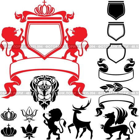 Set of heraldic silhouettes elements - lion, blazon, crown,  deer, griffin, scroll, fleur de lis. Стоковая иллюстрация, агентство Ingram Publishing / Фотобанк Лори