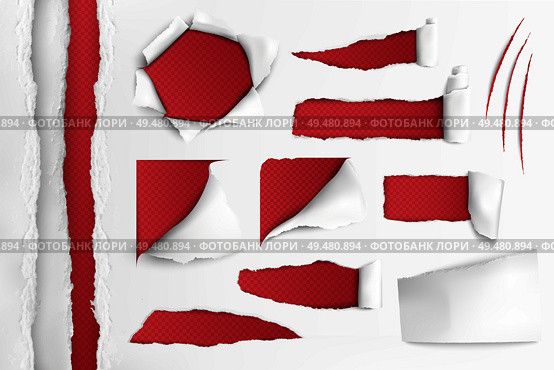 Set of holes in white paper with ripped edges over red background realistic vector illustration. White Paper With Ripped Holes. Стоковая иллюстрация, агентство Ingram Publishing / Фотобанк Лори