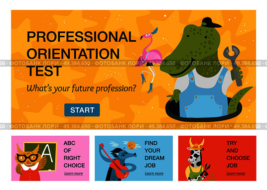 Set of horizontal banners with humanized animals of different professions isolated on color background vector illustration . Humanized Animals Professions Horizontal Banners. Стоковая иллюстрация, агентство Ingram Publishing / Фотобанк Лори