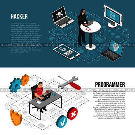 Set of horizontal isometric banners with hacker cracking computers and programmer during work isolated vector illustration . Hacker Programmer Isometric Banners. Стоковая иллюстрация, агентство Ingram Publishing / Фотобанк Лори