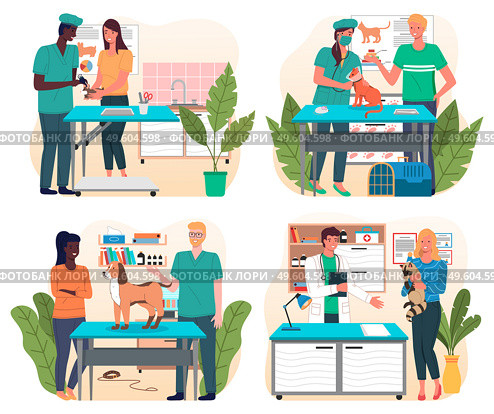 Set of illustrations on veterinary theme. Veterinarian s office with surgical or examination table. Treat pets. Consultation with vets. Medical manipulations. Veterinarian and veterinary Nurse. Set of vet doctors and nurses. Treat animals. Veterinarians and pets. Care the domestic animals. Стоковая иллюстрация, агентство Ingram Publishing / Фотобанк Лори