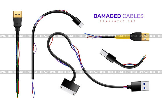 Set of isolated usb plug in cables damaged with realistic images of broken wires and connectors vector illustration. Стоковая иллюстрация, агентство Ingram Publishing / Фотобанк Лори