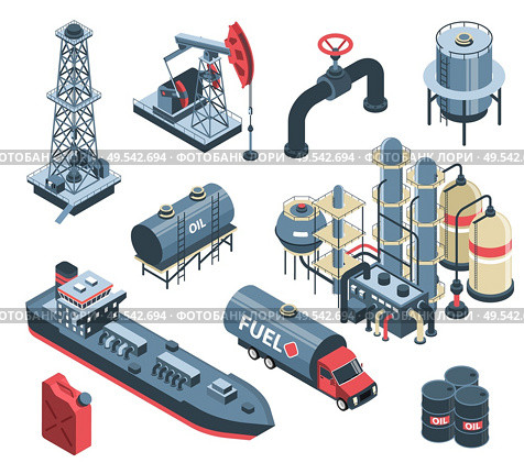 Set of isometric oil petroleum industry with isolated images of factory plant facilities and storage units vector illustration. Стоковая иллюстрация, агентство Ingram Publishing / Фотобанк Лори