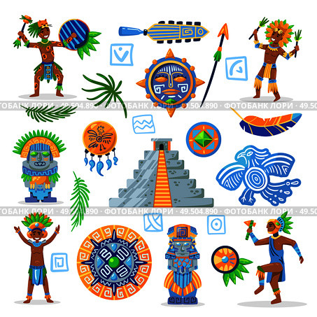 Set of maya civilization color images of tribal jewelry with characters of natives on blank background vector illustration. Стоковая иллюстрация, агентство Ingram Publishing / Фотобанк Лори