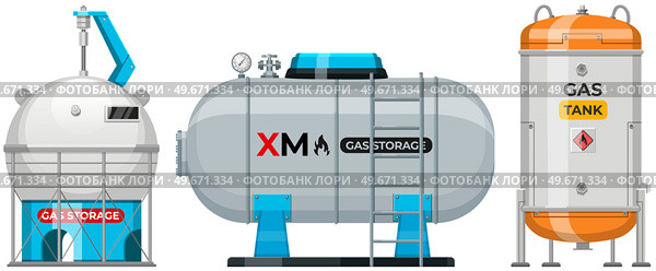 Set of metal tanks with industrial liquefied compressed oxygen, petroleum, propane. Gas cylinders, storage with high pressure of substance. Containers with pressurized gas, fuel vector illustration. Set of metal tanks with industrial liquefied compressed substance. Gas cylinders, storage for fuel. Стоковая иллюстрация, агентство Ingram Publishing / Фотобанк Лори