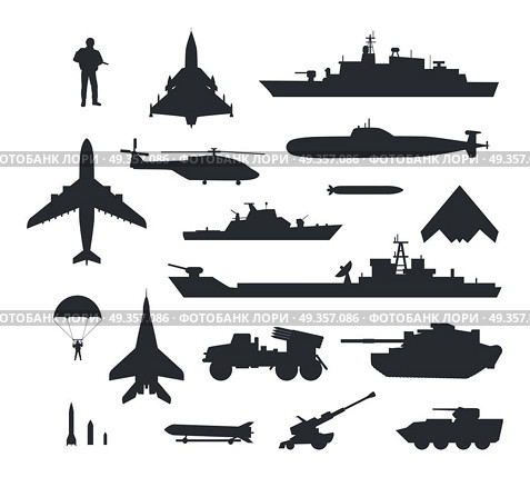 Set of Military Armament Vector Silhouettes. Military armament and troops silhouettes. Army aircraft, artillery, navy warships, submarine, helicopter, rockets, apc, soldier and paratrooper vector illustrations isolated on white background. Set of Military Armament Vector Silhouettes. Стоковая иллюстрация, агентство Ingram Publishing / Фотобанк Лори