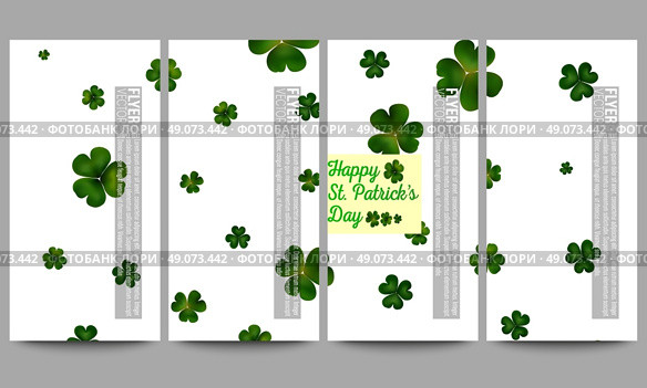 Set of modern vector flyers. St Patricks day vector background, green clovers on white. Стоковая иллюстрация, агентство Ingram Publishing / Фотобанк Лори