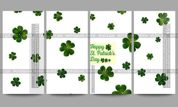 Set of modern vector flyers. St Patricks day vector background, green clovers on white. Стоковая иллюстрация, агентство Ingram Publishing / Фотобанк Лори