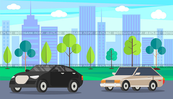 Set of modes of transport and machine shapes. Cars of different types with tinted glass in background of landscape of nature or city. Crossover, hatchback, pickup vehicle is riding in autumn park. Cars of different types with tinted glass in background of landscape of nature in autumn park. Стоковая иллюстрация, агентство Ingram Publishing / Фотобанк Лори