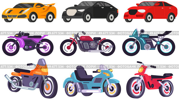 Set of modes of transport and machine shapes. Transport isolated on white background. Crossover, hatchback, cabriolet vehicle, motorbike, motorcycle. Cars of different types without drivers. Set of modes of transport and machine. Crossover, hatchback, cabriolet vehicle, motorbike. Стоковая иллюстрация, агентство Ingram Publishing / Фотобанк Лори
