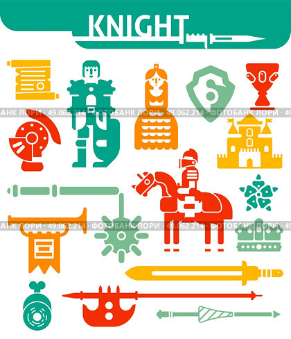 Set Of Monochrome Icons Knight. Icons set of knights rewards and different medieval weapons drawn in flat style isolated vector illustration. Стоковая иллюстрация, агентство Ingram Publishing / Фотобанк Лори