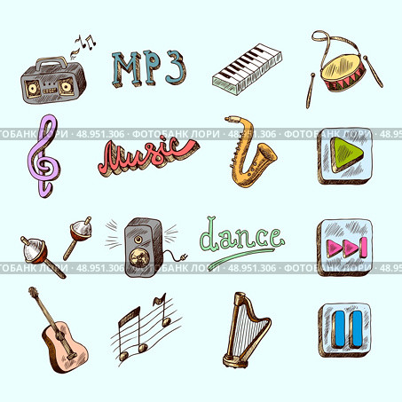 Set of music dance instruments hand drawn color icons in sketch style vector illustration. Стоковая иллюстрация, агентство Ingram Publishing / Фотобанк Лори