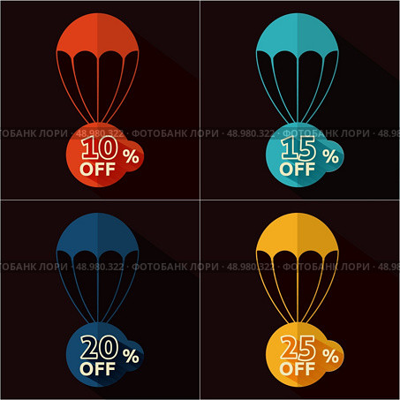 Set of parachutes with discount on black background. Стоковая иллюстрация, агентство Ingram Publishing / Фотобанк Лори
