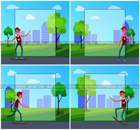 Set of posters with skateboarder training in green skatepark with trees, getting ready for go skateboarding day on 21st of June, copy space for text. Set of Posters SkateboarderTraining in Skatepark. Стоковая иллюстрация, агентство Ingram Publishing / Фотобанк Лори