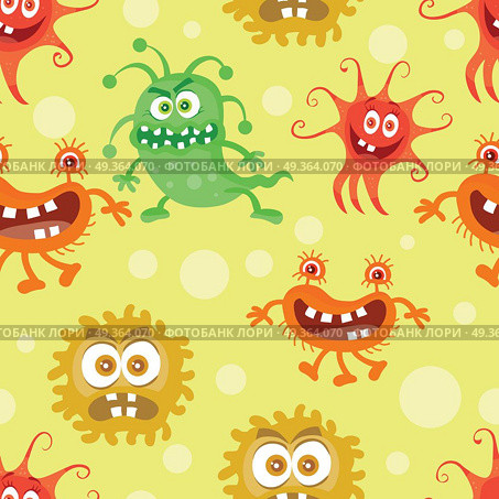 Set of Seamless Pattern with Good and Bad Bacteria. Set of seamless patterns with good and bad bacteria cartoon characters. Funny virus germs in flat style. Microbes endless texture. Dangerous organisms parasites. Wallpaper design. Vector illustration. Стоковая иллюстрация, агентство Ingram Publishing / Фотобанк Лори