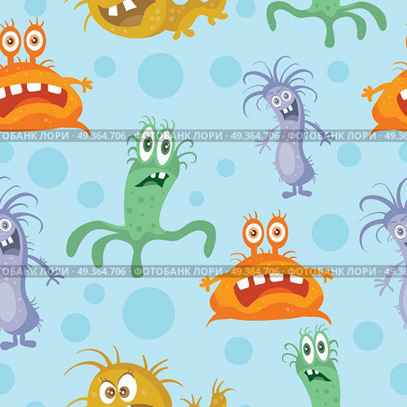 Set of Seamless Pattern with Good and Bad Bacteria. Set of seamless patterns with good and bad bacteria cartoon characters. Funny virus germs in flat style. Microbes endless texture. Dangerous organisms parasites. Wallpaper design. Vector illustration. Стоковая иллюстрация, агентство Ingram Publishing / Фотобанк Лори