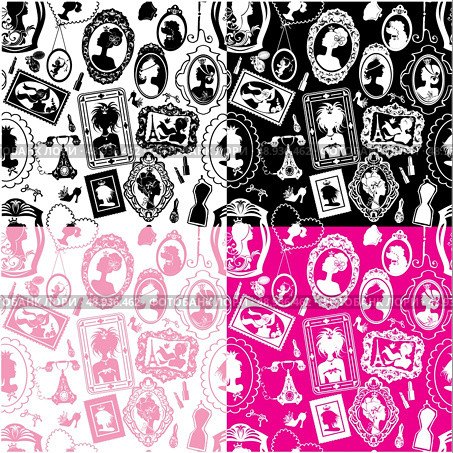Set of seamless pattersn with glamour girl portraits - black silhouettes. Princess accessories and furniture. Black and white, color pictures. Ready to use as swatch. Стоковая иллюстрация, агентство Ingram Publishing / Фотобанк Лори