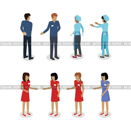 Set of Sellers Characters Vector Shop Assistans. Set of sellers characters vector templates. Flat style design. Man and woman selling goods. Supermarket personnel, shopping in mall concept. Salesman and saleswoman. Shop assistant, clerk illustration. Стоковая иллюстрация, агентство Ingram Publishing / Фотобанк Лори