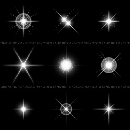 Set of sparkling white stars on black. Стоковая иллюстрация, иллюстратор Анастасия Некрасова / Фотобанк Лори