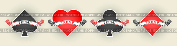 Set of trump suits of playing cards with ribbon. Queens, spades, hearts, clubs and diamonds. Стоковая иллюстрация, иллюстратор GAlexS / Фотобанк Лори