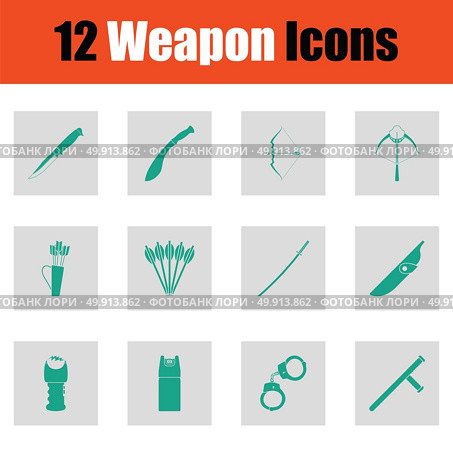 Set of twelve weapon icons. Set of twelve weapon icons. Green on gray design. Vector illustration. Стоковая иллюстрация, агентство Ingram Publishing / Фотобанк Лори