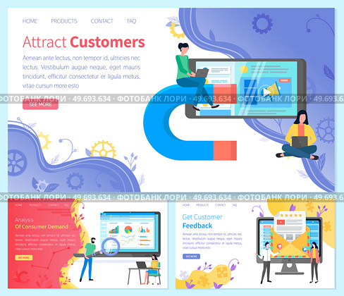 Set of web page design templates for consumer demand anaysis, getting feedback and customer attraction. People work with marketing, sales website optimization. Colleagues analyze customer base. Set of web page templates for consumer demand anaysis, getting feedback and customer attraction. Стоковая иллюстрация, агентство Ingram Publishing / Фотобанк Лори