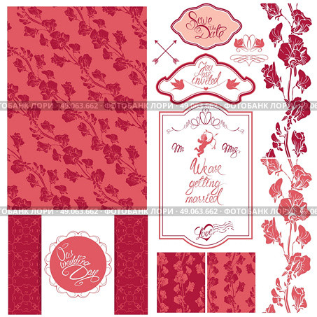 Set of Wedding invitation card with floral elements, frames and borders, flowers, vignette, calligraphic handwritten text, angel, holiday pink background. Стоковая иллюстрация, агентство Ingram Publishing / Фотобанк Лори