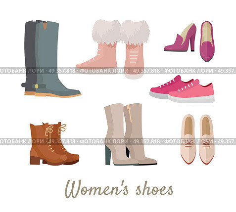 Set of woman s shoes. Flat design vector. Collection of leather colored shoes, sneakers, moccasins, boots illustrations. Wear for all seasons. For shoes store ad, fashion concepts. On white background. Set of Woman s Shoes Vectors in Flat Design. Set of Woman s Shoes Vectors in Flat Design. Стоковая иллюстрация, агентство Ingram Publishing / Фотобанк Лори