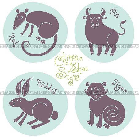 Set signs of the Chinese zodiac Rat, Ox, Rabbit, Tiger. Vector illustration. Стоковая иллюстрация, агентство Ingram Publishing / Фотобанк Лори