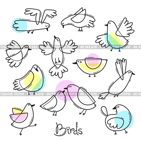 Set variety of abstract birds. Simple line design. Vector illustration. Set variety of abstract birds. Simple line design. Vector illustration. Стоковая иллюстрация, агентство Ingram Publishing / Фотобанк Лори
