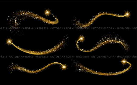 Set vector golden shimmering waves with light effect isolated on black background. Gold glittering star dust trail. Magic motion swirl lines.. Set golden shimmering waves with light effect isolated on black background. Gold glittering star dust trail. Magic motion swirl lines. Стоковая иллюстрация, агентство Ingram Publishing / Фотобанк Лори