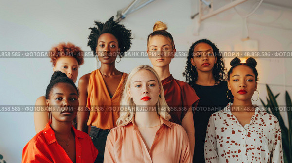 Seven young women of various ethnicities and hairstyles stand in a modern interior space, posing for a photo. Стоковое AI-изображение, AI-художник Данила Большаков / Фотобанк Лори