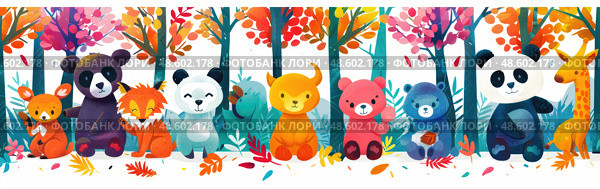 Several bears are standing upright in a dense forest setting, surrounded by tall trees and foliage. Стоковое AI-изображение, AI-художник Данила Большаков / Фотобанк Лори