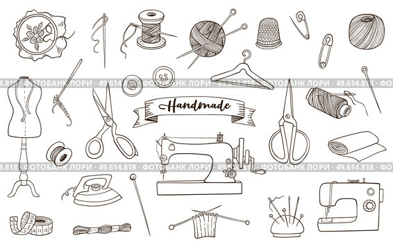 Sewing and needlework tools and accessories. Hand drawn vector doodle illustrations. Стоковая иллюстрация, агентство Ingram Publishing / Фотобанк Лори