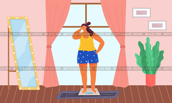 Shamed woman stands on scales and weights. Lady on diet wants to be slim. Female character uses equipment, device to measure kilograms at home. Overweight girl looks at her reflection in mirror. Shamed woman stands on scales and weights. Overweight girl looks at her reflection in mirror. Стоковая иллюстрация, агентство Ingram Publishing / Фотобанк Лори