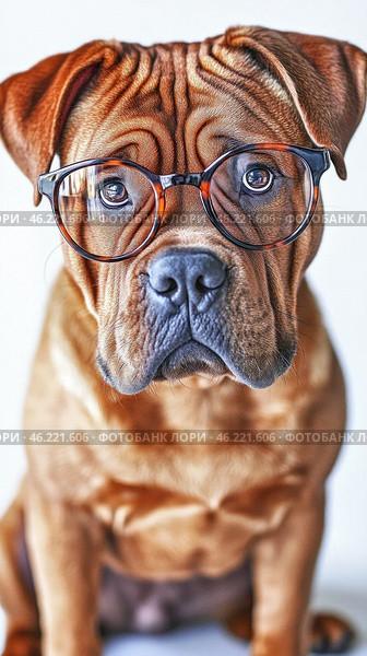 Shar pei dog wearing round eyeglasses posing on white background. Стоковое AI-изображение, AI-художник Юрий Поздников / Фотобанк Лори