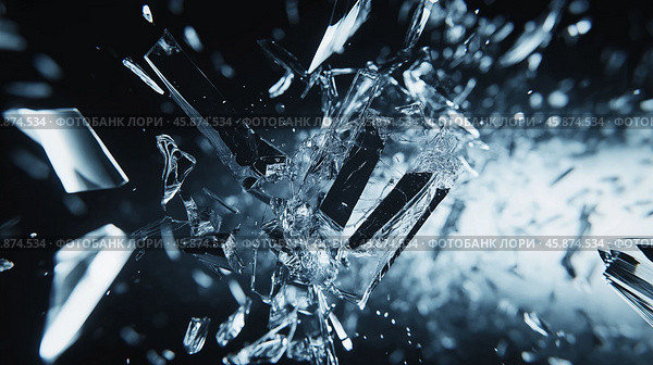 Shattered glass exploding in sharp fragments on dark background. Стоковое AI-изображение, AI-художник Михаил Коханчиков / Фотобанк Лори