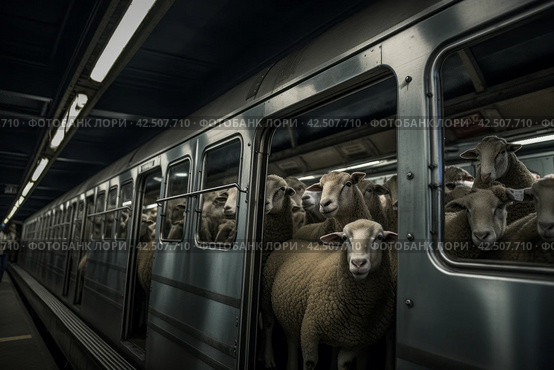 Sheep crammed subway. Generate ai. Стоковое AI-изображение, AI-художник Иван Рябоконь / Фотобанк Лори