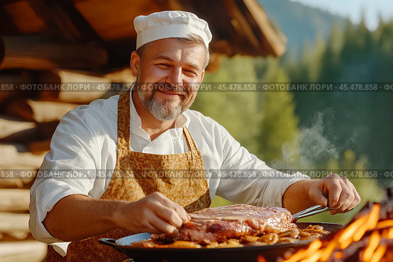 Шеф-повар готовит мясо с овощами. Стоковое AI-изображение, AI-художник Щеголева Ольга / Фотобанк Лори