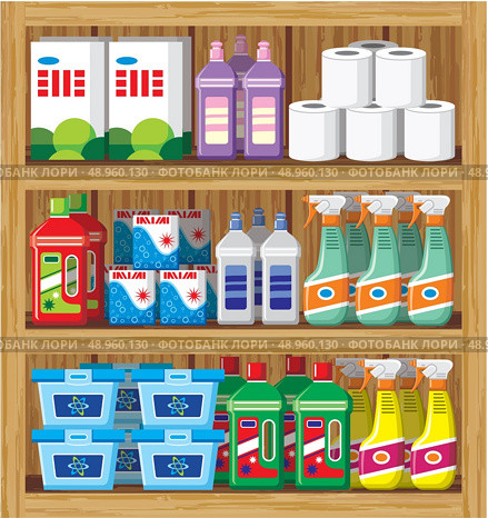 Shelfs with household chemicals. vector. Стоковая иллюстрация, агентство Ingram Publishing / Фотобанк Лори