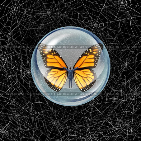 Shelter from risk and crisis business concept as a person in a protective bubble with butterfly wings flying through a chaos of spider webs overcoming career traps and avoiding financial adversity. Стоковое фото, агентство Ingram Publishing / Фотобанк Лори