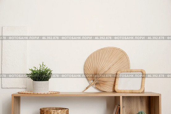 Shelving unit with houseplant, bamboo fan and photo frame near white wall in living room. Стоковое фото, фотограф Pixel_shot / Фотобанк Лори