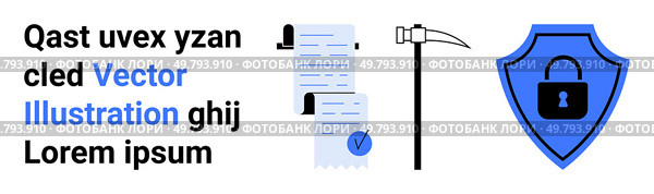 Shield with lock, clipboard with documents and checkmark, pickaxe symbolizes security protocols and data protection, blue and black elements. Ideal for cybersecurity, document security, data mining. Secure Document Management Concept with Shield and Lock, Clipboard, and Pickaxe. Стоковая иллюстрация, агентство Ingram Publishing / Фотобанк Лори
