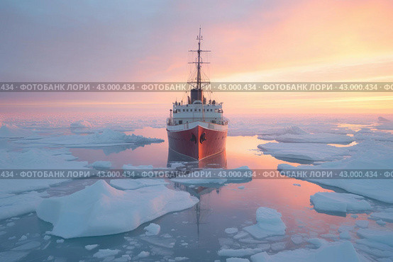 Ship cruising among sea ice. Generate ai. Стоковое AI-изображение, AI-художник Иван Рябоконь / Фотобанк Лори