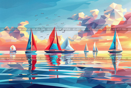 Ships with sails at sea at sunset. Geometric pattern. Стоковое AI-изображение, AI-художник Коханова Наталья / Фотобанк Лори