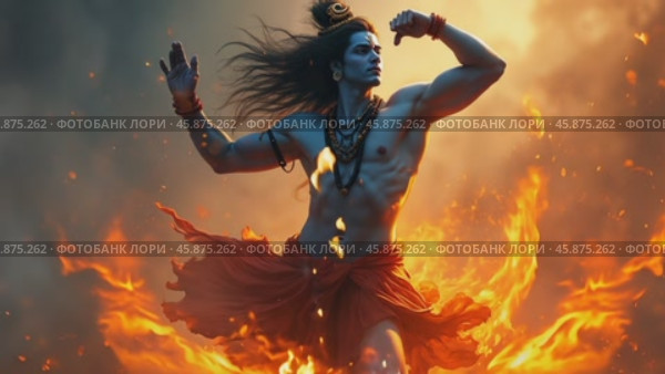 Shiva Performs the Tandava Dance Surrounded by Flames With Blue Neck and Crescent Moon Amid a Dramatic Backdrop. Стоковое AI-видео, аниматор Sergey Grishin / Фотобанк Лори