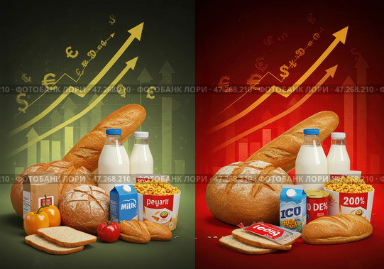 Шкринфлякция в продуктовом рынке и рост цен на основные продукты питания.  Разделённая сцена с основными продуктами питания, демонстрирующая влияние шкринфляции на цены хлеба и молока, а также на уменьшение объемов при одинаковой стоимости. Стоковое AI-изображение, AI-художник Сергей Никифоров-Гордеев / Фотобанк Лори