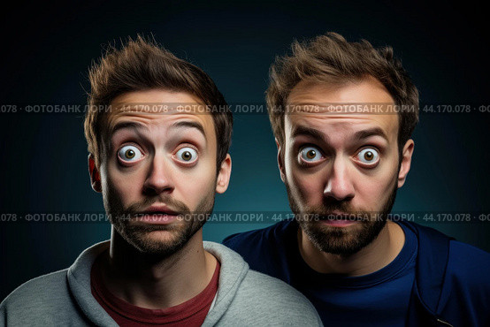 Shocked twins with wide eyes. Стоковое AI-изображение, AI-художник Иван Рябоконь / Фотобанк Лори