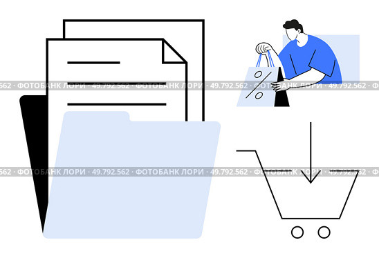 Shopper holding shopping bags, stack of documents, shopping cart icon with download arrow. Ideal for e-commerce, shopping, online transactions, data management, consumer behavior, digital paperwork. E-commerce Checkout Shopper with Shopping Bags, Files, and Shopping Cart Arrow. Стоковая иллюстрация, агентство Ingram Publishing / Фотобанк Лори
