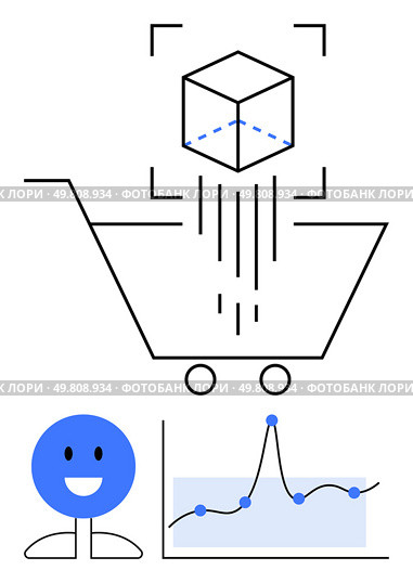 Shopping cart cube user icon graph. Ideal for technology, e-commerce, user experience, data analysis, innovation, efficiency, customer satisfaction. Line metaphor. E-commerce and Analytics Streamlining Online Shopping Experience with User-Friendly Interfaces. Стоковая иллюстрация, агентство Ingram Publishing / Фотобанк Лори